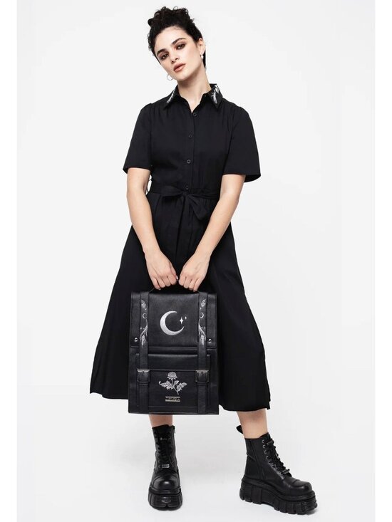 Disturbia Tempora Embroidered Midi Shirt Dress Skeleton Hand Belted Black US 12 - Picture 1 of 16